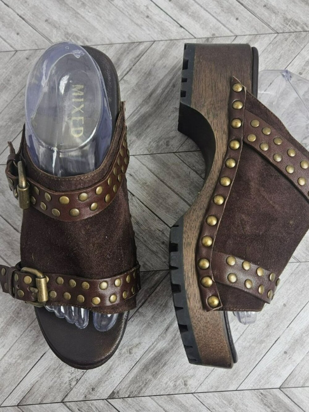 Mixed Brown Studded Platform Clogs
